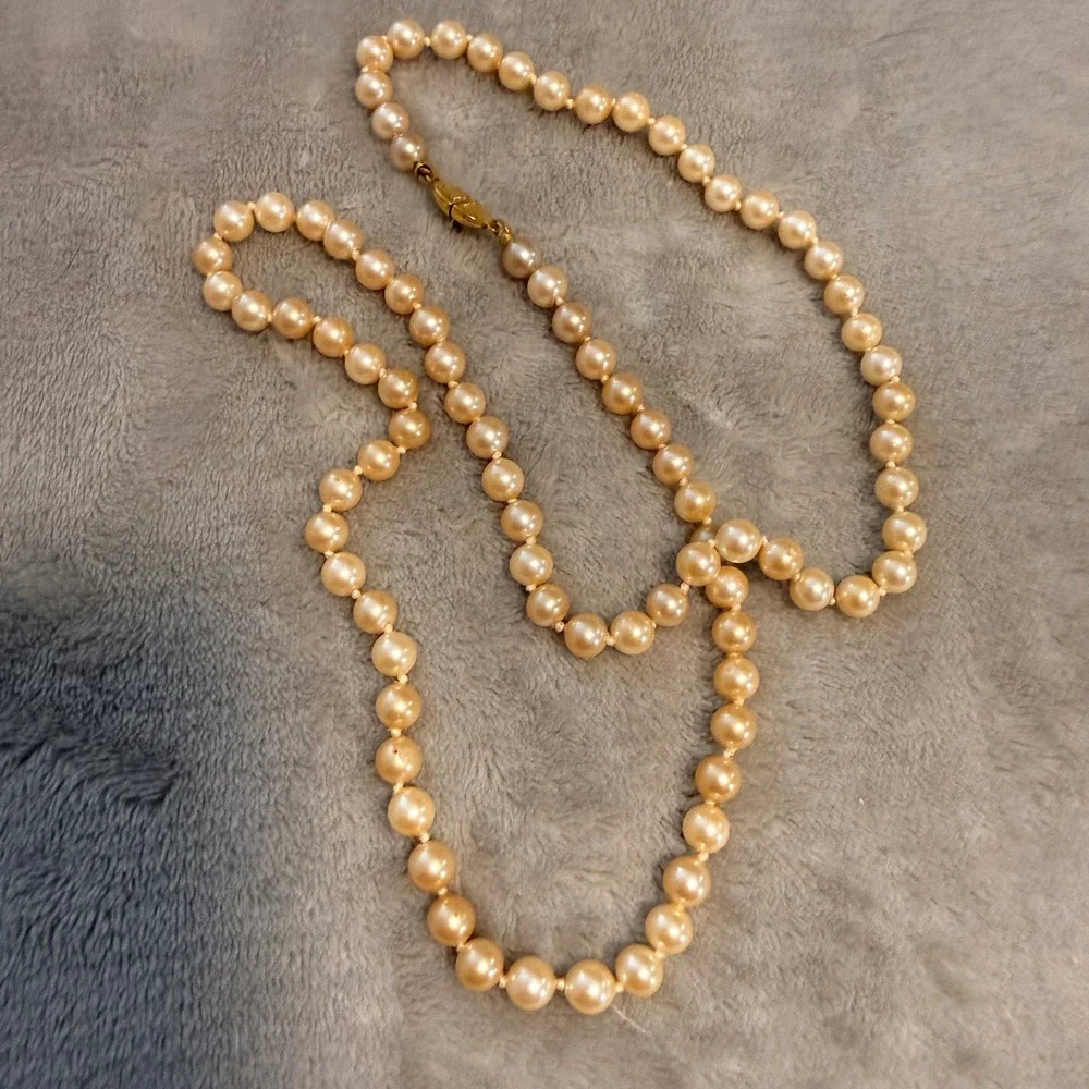 Vintage Monet Pearl Necklace Signed Gold-Tone Clasp Long Strand‎